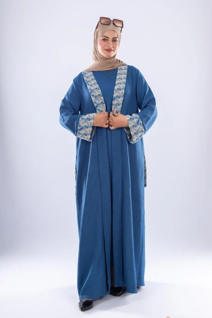 Elegant Denim Abaya with Floral Embroidery