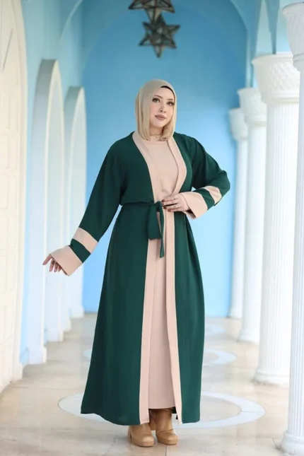 Stylish Green & Beige Abaya with Belted Waist