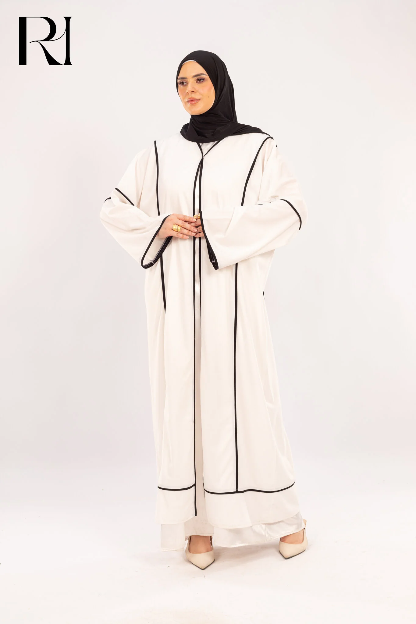 White & Onyx Piped Abaya Set White & Onyx Piped Abaya Set - Image 1